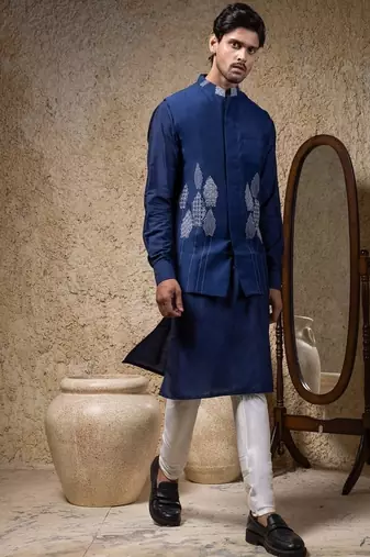 Blue embroidered cotton silk nehru jacket set