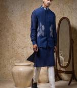 Blue embroidered cotton silk nehru jacket set