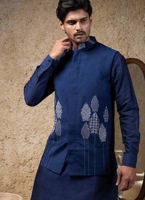 Blue embroidered cotton silk nehru jacket set 2