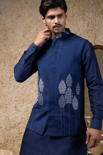 Blue embroidered cotton silk nehru jacket set