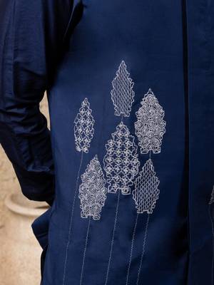 Blue embroidered cotton silk nehru jacket set 3
