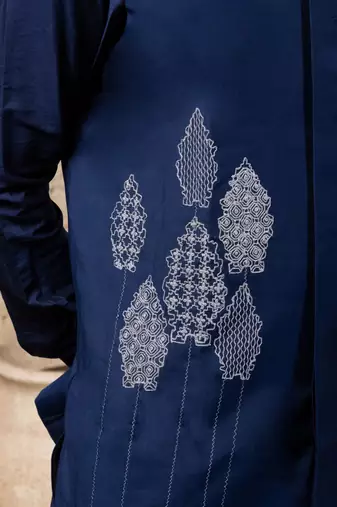 Blue embroidered cotton silk nehru jacket set