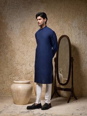 Blue plain cotton silk kurta pajama 2