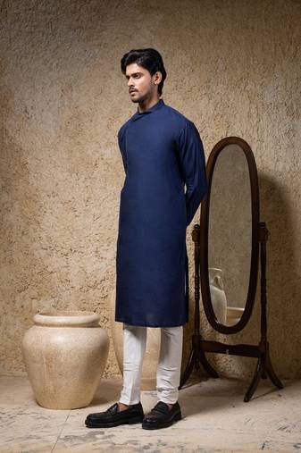Blue plain cotton silk kurta pajama