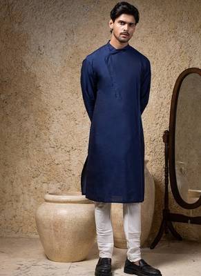 Blue plain cotton silk kurta pajama 1