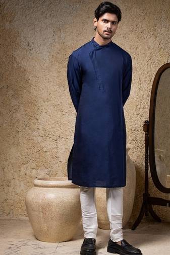 Blue plain cotton silk kurta pajama