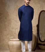 Blue plain cotton silk kurta pajama
