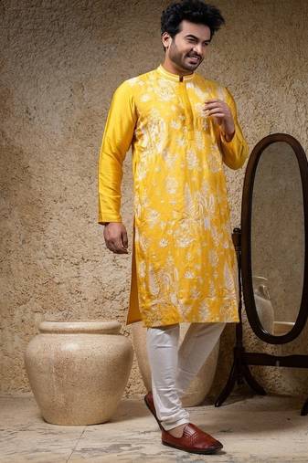 Yellow embroidered cotton silk kurta pajama