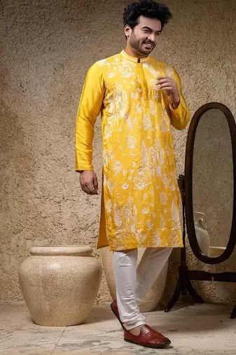 Yellow embroidered cotton silk kurta pajama