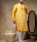 Yellow embroidered cotton silk kurta pajama
