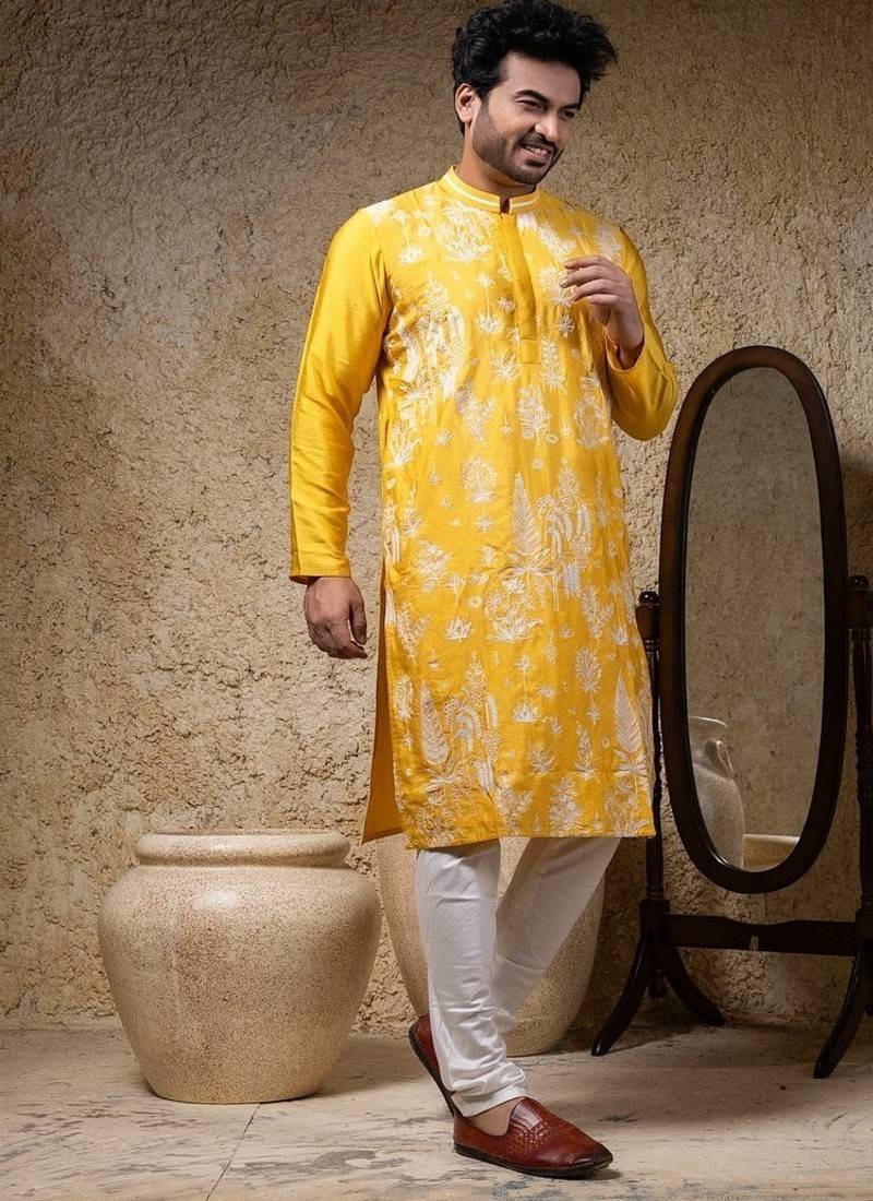 Yellow embroidered cotton silk kurta pajama