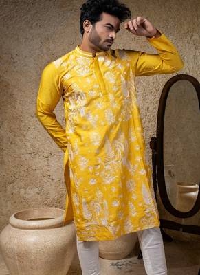 Yellow embroidered cotton silk kurta pajama 2