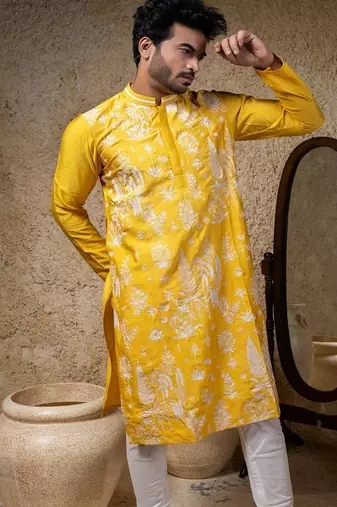 Yellow embroidered cotton silk kurta pajama