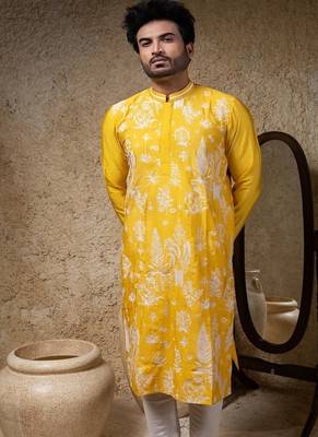 Yellow embroidered cotton silk kurta pajama 3