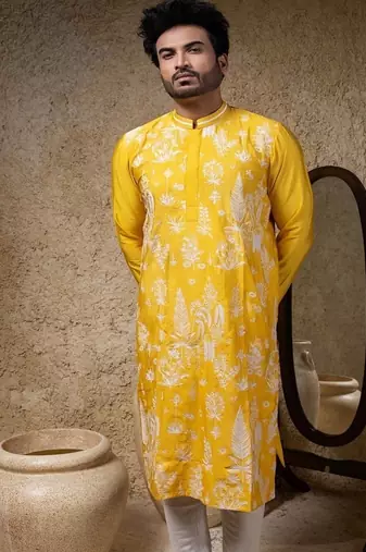 Yellow embroidered cotton silk kurta pajama