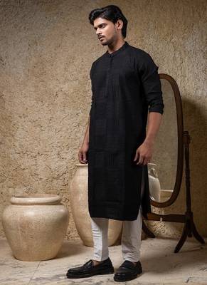 Black embroidered cotton silk kurta pajama 1