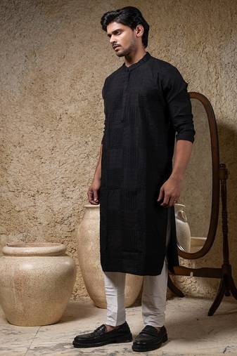 Black embroidered cotton silk kurta pajama