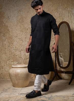 Black embroidered cotton silk kurta pajama 2