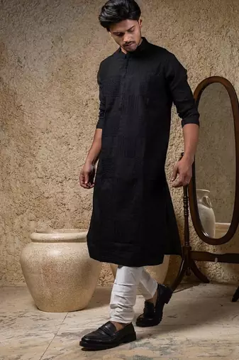 Black embroidered cotton silk kurta pajama