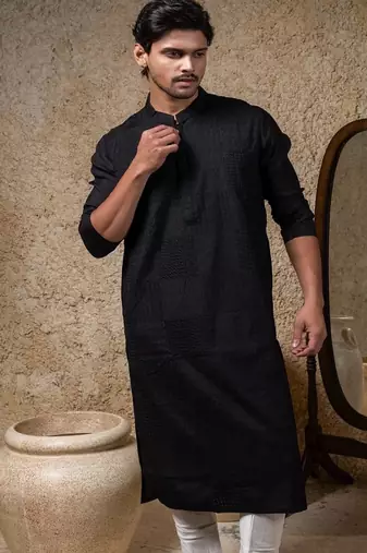 Black embroidered cotton silk kurta pajama