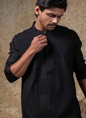 Black embroidered cotton silk kurta pajama 4