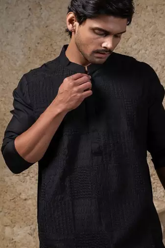 Black embroidered cotton silk kurta pajama