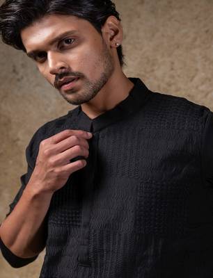 Black embroidered cotton silk kurta pajama 5
