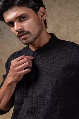 Black embroidered cotton silk kurta pajama