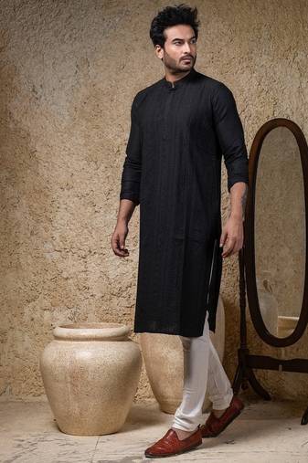 Black embroidered cotton silk kurta pajama