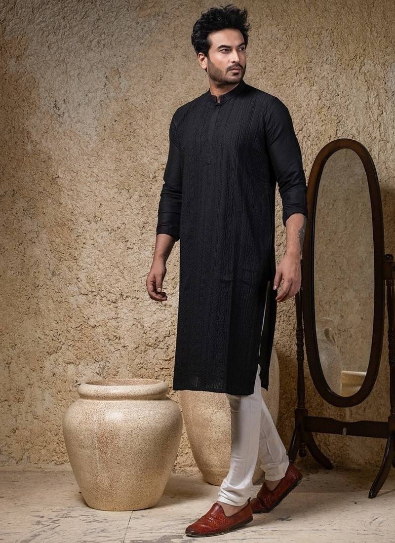Black embroidered cotton silk kurta pajama