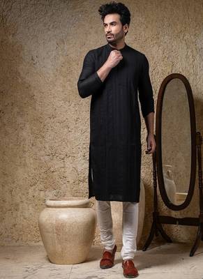 Black embroidered cotton silk kurta pajama 2