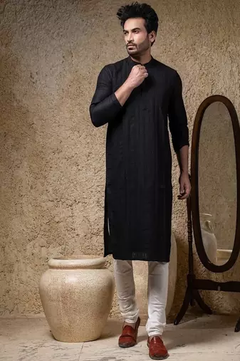 Black embroidered cotton silk kurta pajama