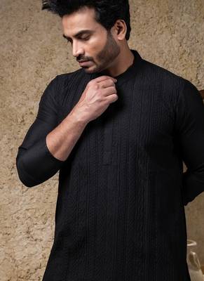 Black embroidered cotton silk kurta pajama 3