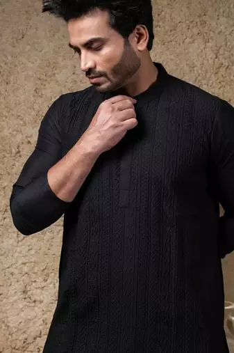 Black embroidered cotton silk kurta pajama