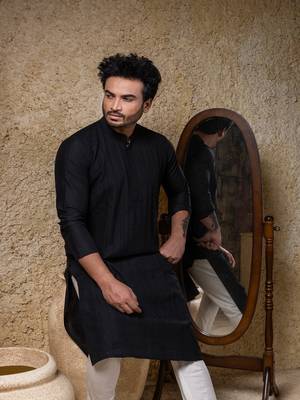 Black embroidered cotton silk kurta pajama 4