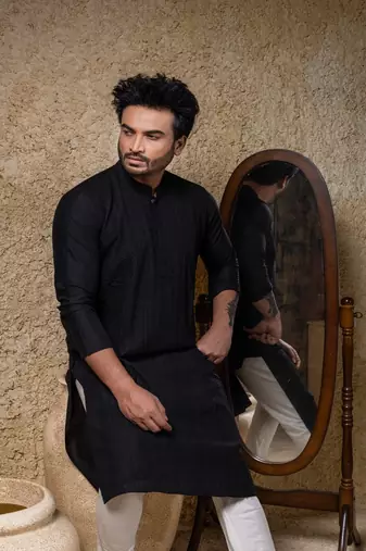 Black embroidered cotton silk kurta pajama