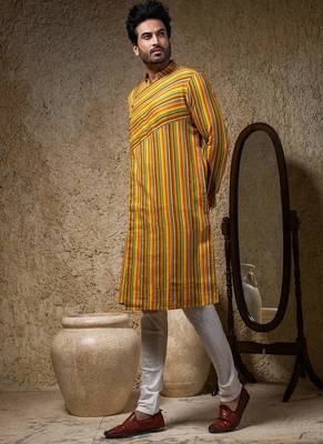 Yellow printed linen kurta pajama 1
