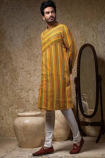Yellow printed linen kurta pajama