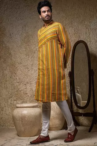 Yellow printed linen kurta pajama