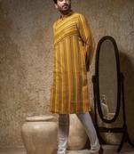Yellow printed linen kurta pajama