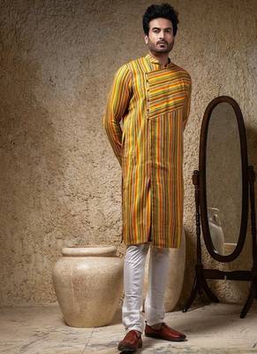 Yellow printed linen kurta pajama 2