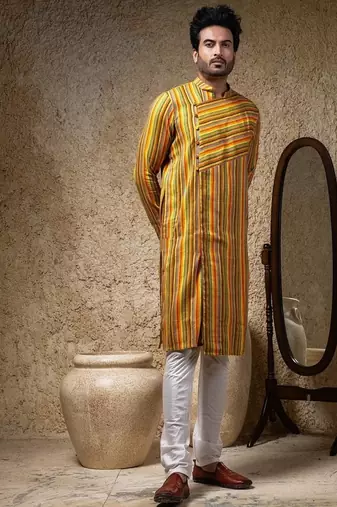 Yellow printed linen kurta pajama