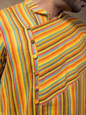 Yellow printed linen kurta pajama 3