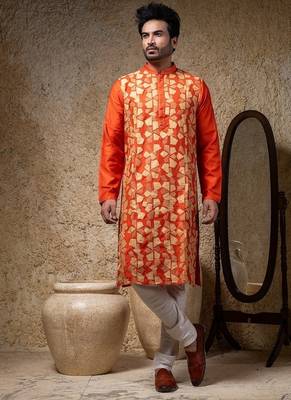 Orange printed cotton silk kurta pajama 1