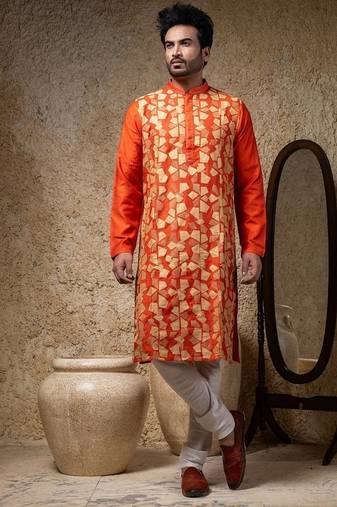 Orange printed cotton silk kurta pajama