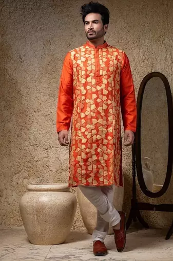 Orange printed cotton silk kurta pajama