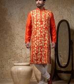 Orange printed cotton silk kurta pajama