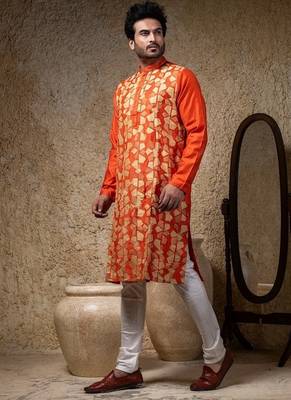Orange printed cotton silk kurta pajama 2