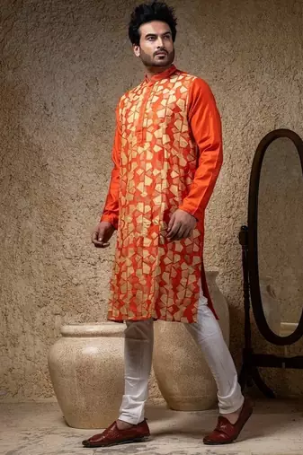 Orange printed cotton silk kurta pajama