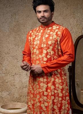 Orange printed cotton silk kurta pajama 3